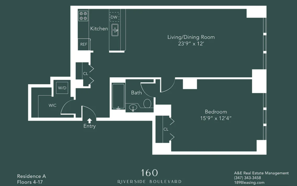 4A - 1 bedroom floorplan layout with 1 bathroom and 825 square feet (Floor 18)